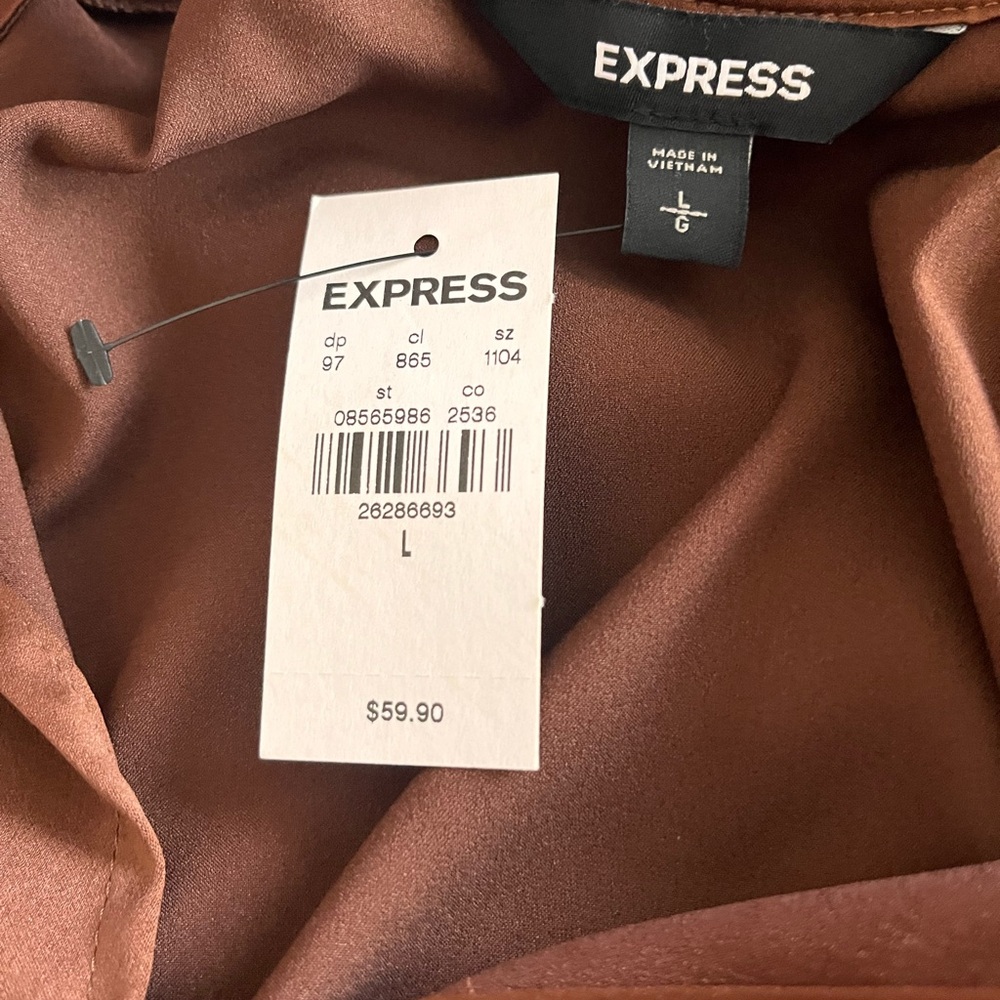 Express Brown Long Sleeve Satin Blouse Size L Ruffles Bow Ties NWT - Picture 8 of 9